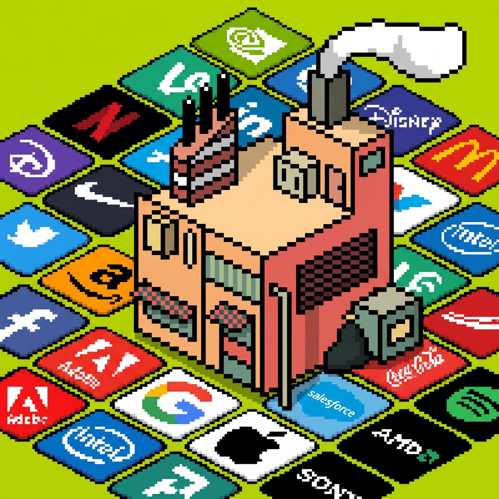 StockFactory pixel-art assembly line: stock-token tiles moving between inspection stations
